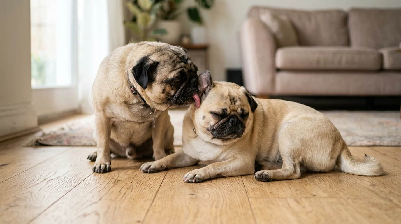 Two Pugs resting together while one grooms near the other dog's ear
