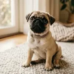 A fawn Pug dog looking up showing its flat brachycephalic facial structure and characteristic nose wrinkles.