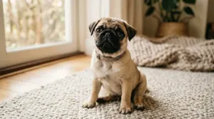 A fawn Pug dog looking up showing its flat brachycephalic facial structure and characteristic nose wrinkles.