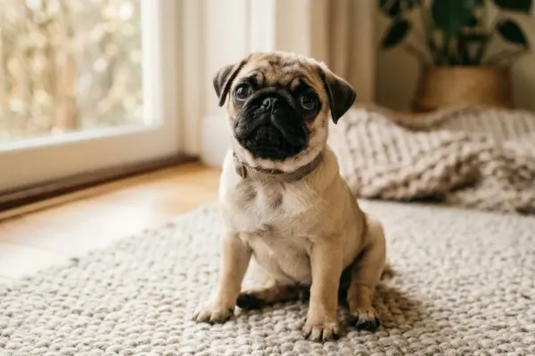 A fawn Pug dog looking up showing its flat brachycephalic facial structure and characteristic nose wrinkles.