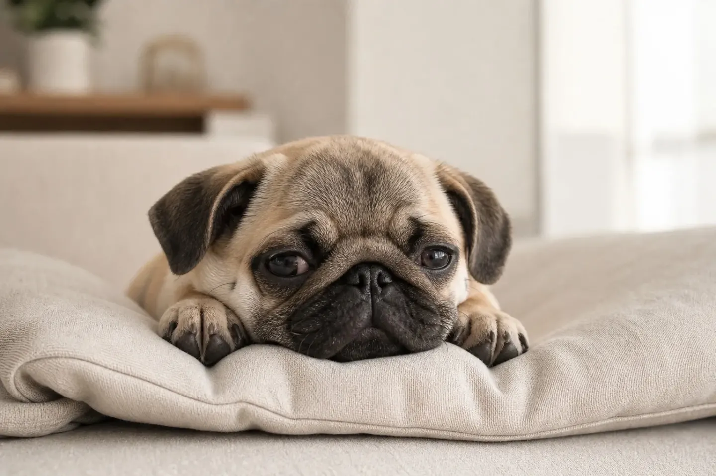 A Pug resting peacefully indoors demonstrating clear and comfortable breathing.