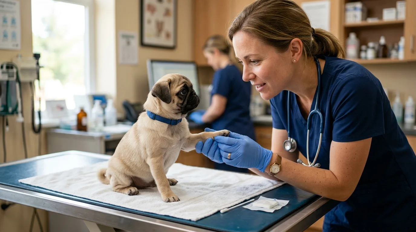 A veterinarian examining a Pug dog during a respiratory health evaluation.