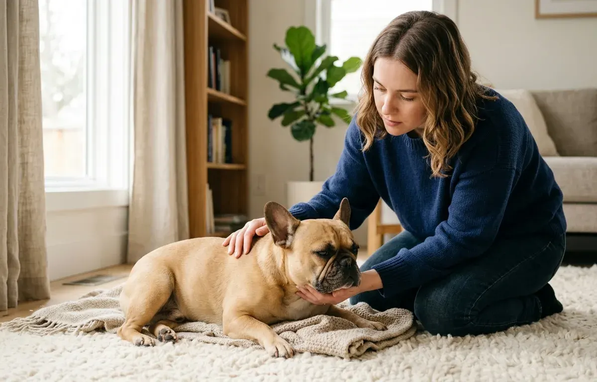 A pet owner attentively observing a French Bulldog sitting indoors
