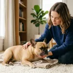 A pet owner attentively observing a French Bulldog sitting indoors