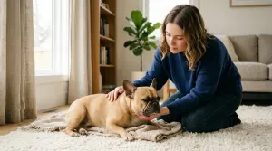 A pet owner attentively observing a French Bulldog sitting indoors