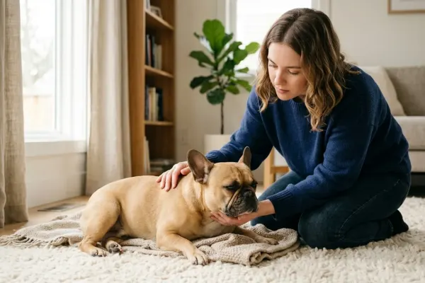 A pet owner attentively observing a French Bulldog sitting indoors