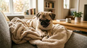 A fawn pug dog digging into a soft beige blanket on a couch