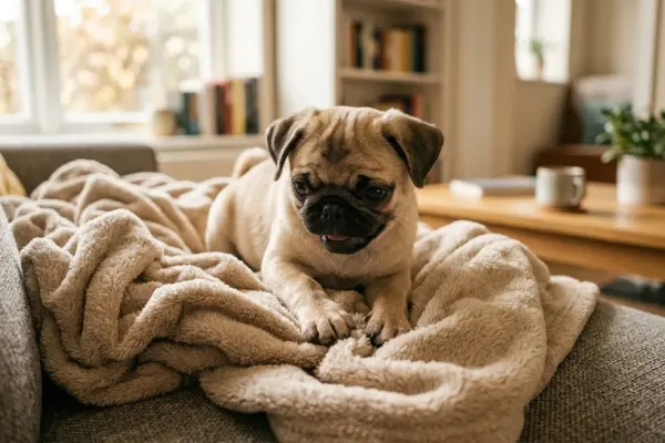 A fawn pug dog digging into a soft beige blanket on a couch