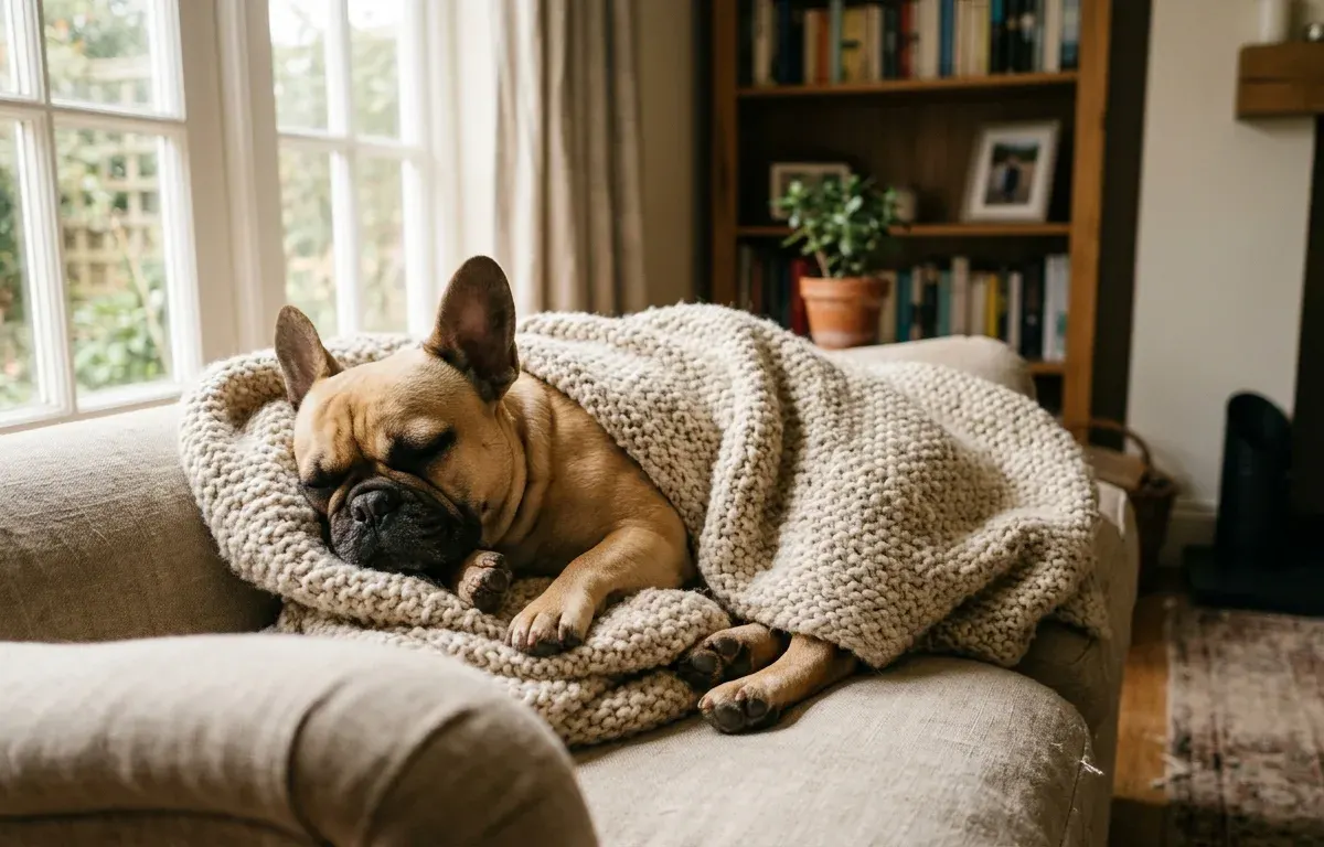 A fawn French Bulldog wrapped comfortably in a warm blanket indoors