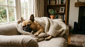 A fawn French Bulldog wrapped comfortably in a warm blanket indoors