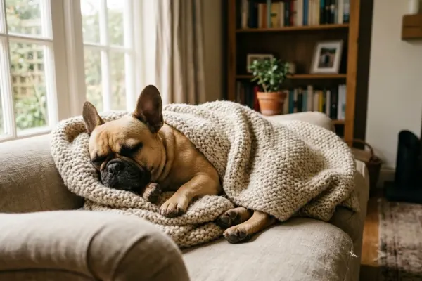 A fawn French Bulldog wrapped comfortably in a warm blanket indoors