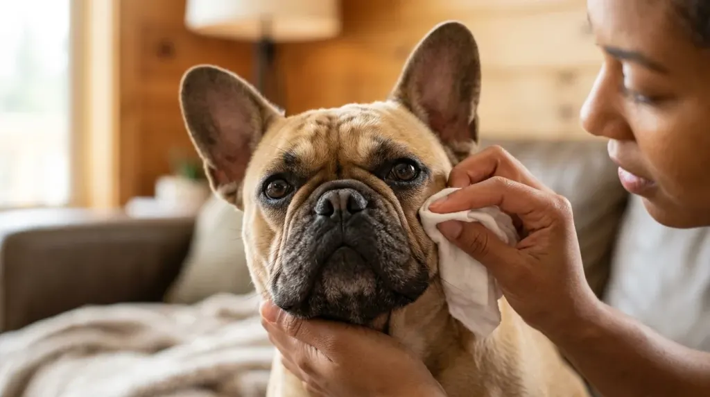 Close-up of a French Bulldog receiving a facial fold check to prevent pain that triggers defensive aggression.