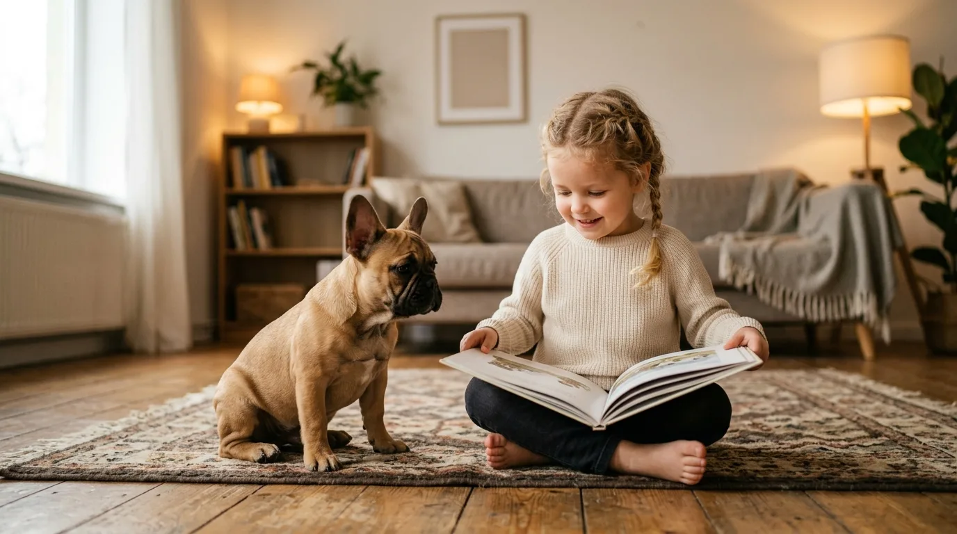 A French Bulldog sitting gently beside a child in a cozy home environment