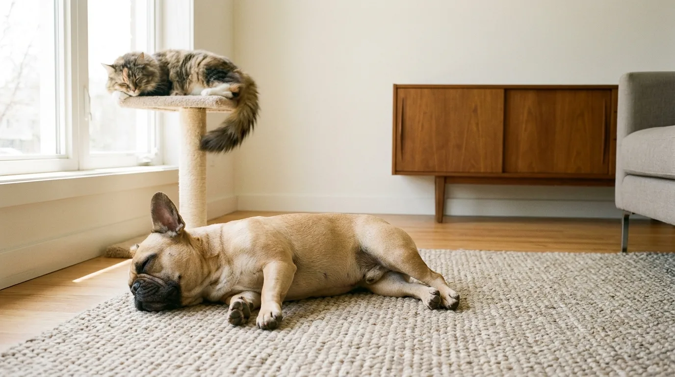 A French Bulldog resting peacefully in the same room as a cat showing pet compatibility