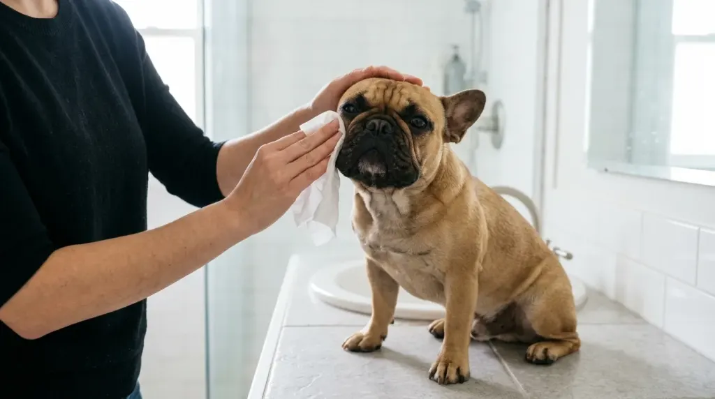 A person cleaning the facial folds of a French Bulldog to reduce allergen buildup.