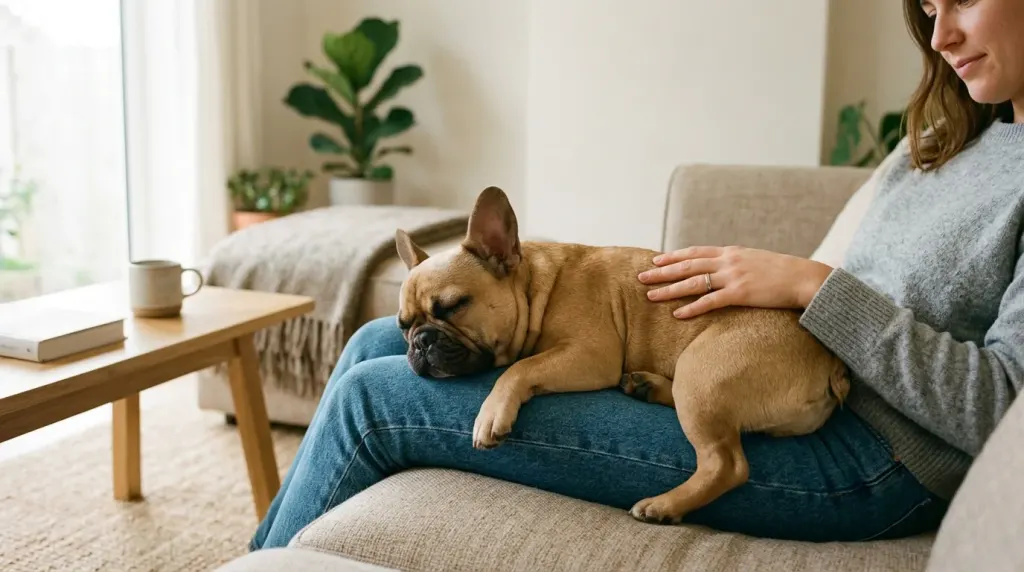 A French Bulldog resting on an owner's lap demonstrating the breed's close companionship.