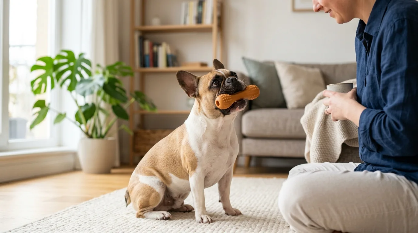 French Bulldog demonstrating adaptive attention during a home training moment.