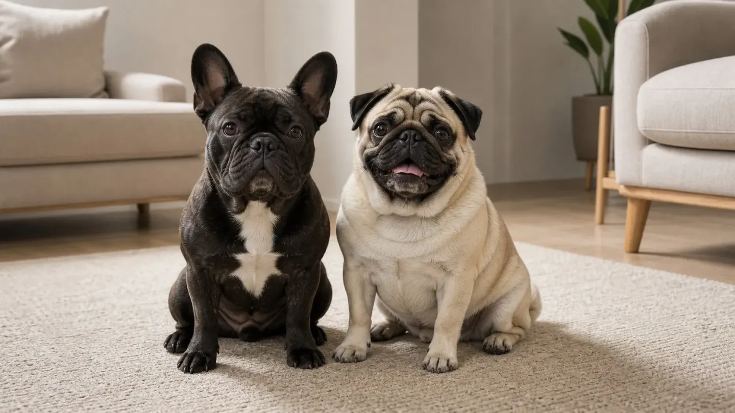 French Bulldog and Pug sitting side by side for an intelligence and breed comparison.