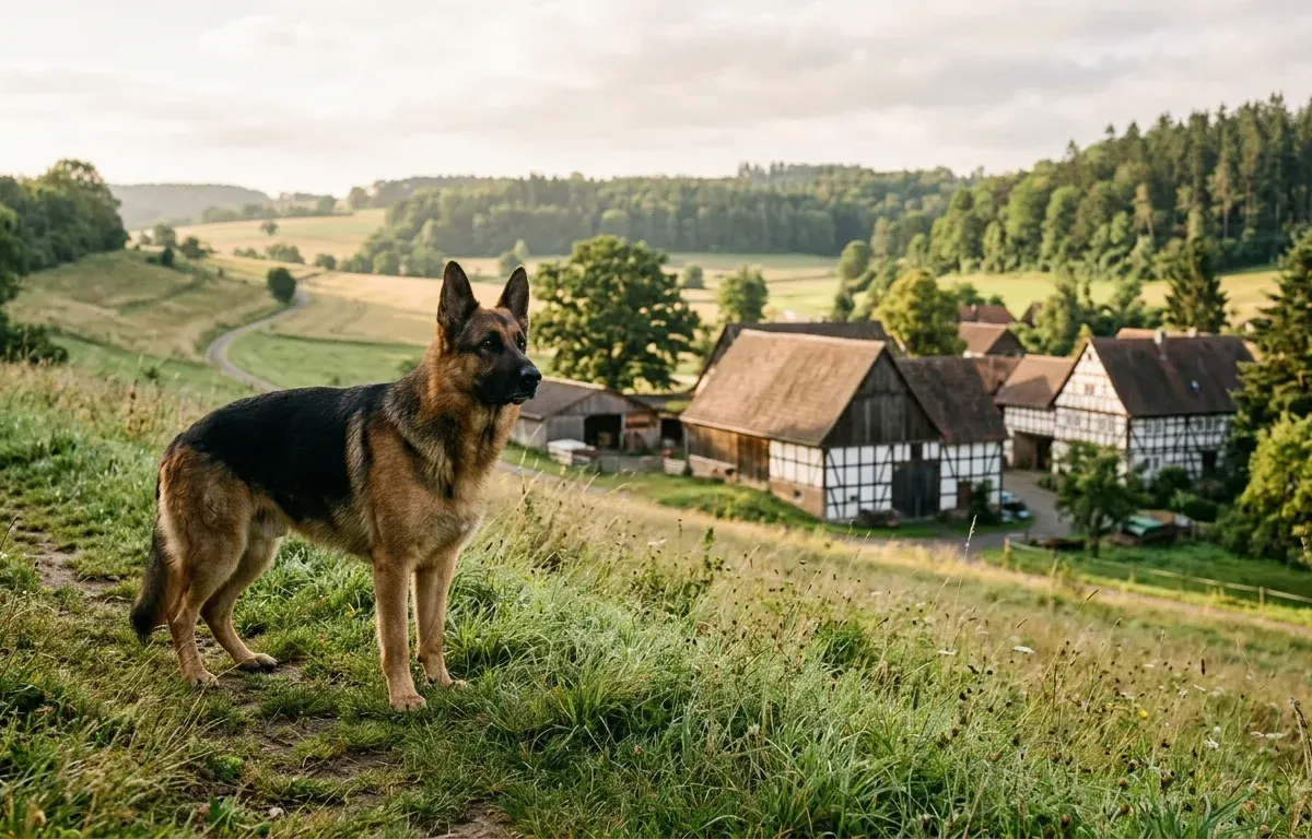 Purebred German Shepherd Dog standing in a traditional German countryside setting.