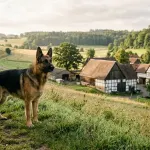 Purebred German Shepherd Dog standing in a traditional German countryside setting.