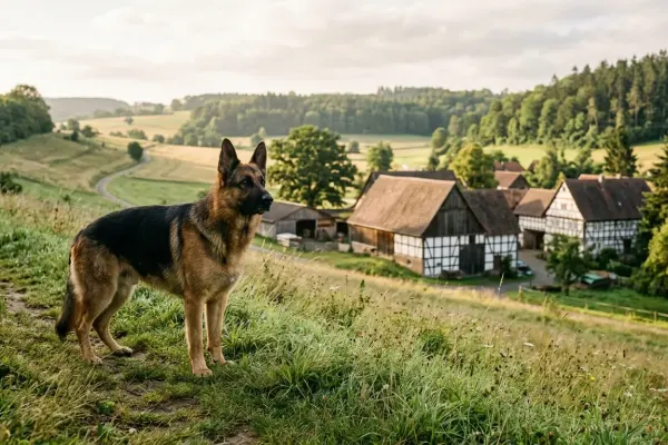 Purebred German Shepherd Dog standing in a traditional German countryside setting.