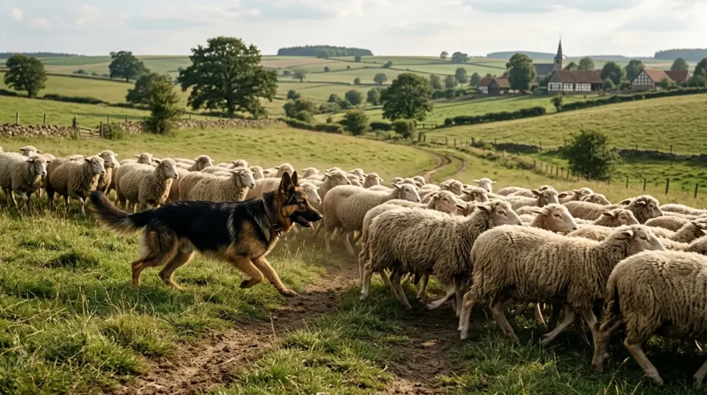 Working German Shepherd herding sheep across a pasture illustrating the breed's original purpose.