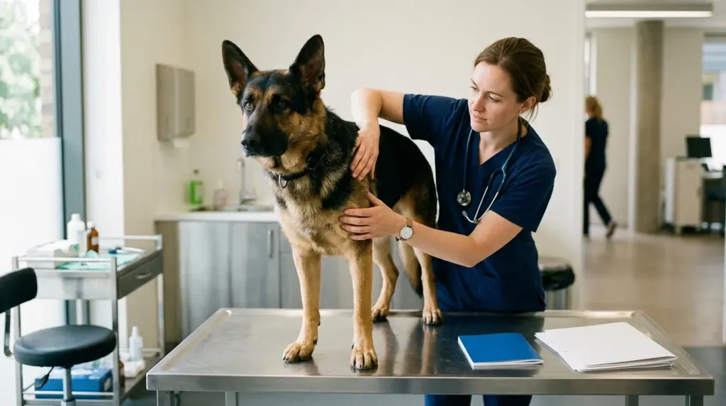 German Shepherd undergoing veterinary health clearance and paperwork check for international import.