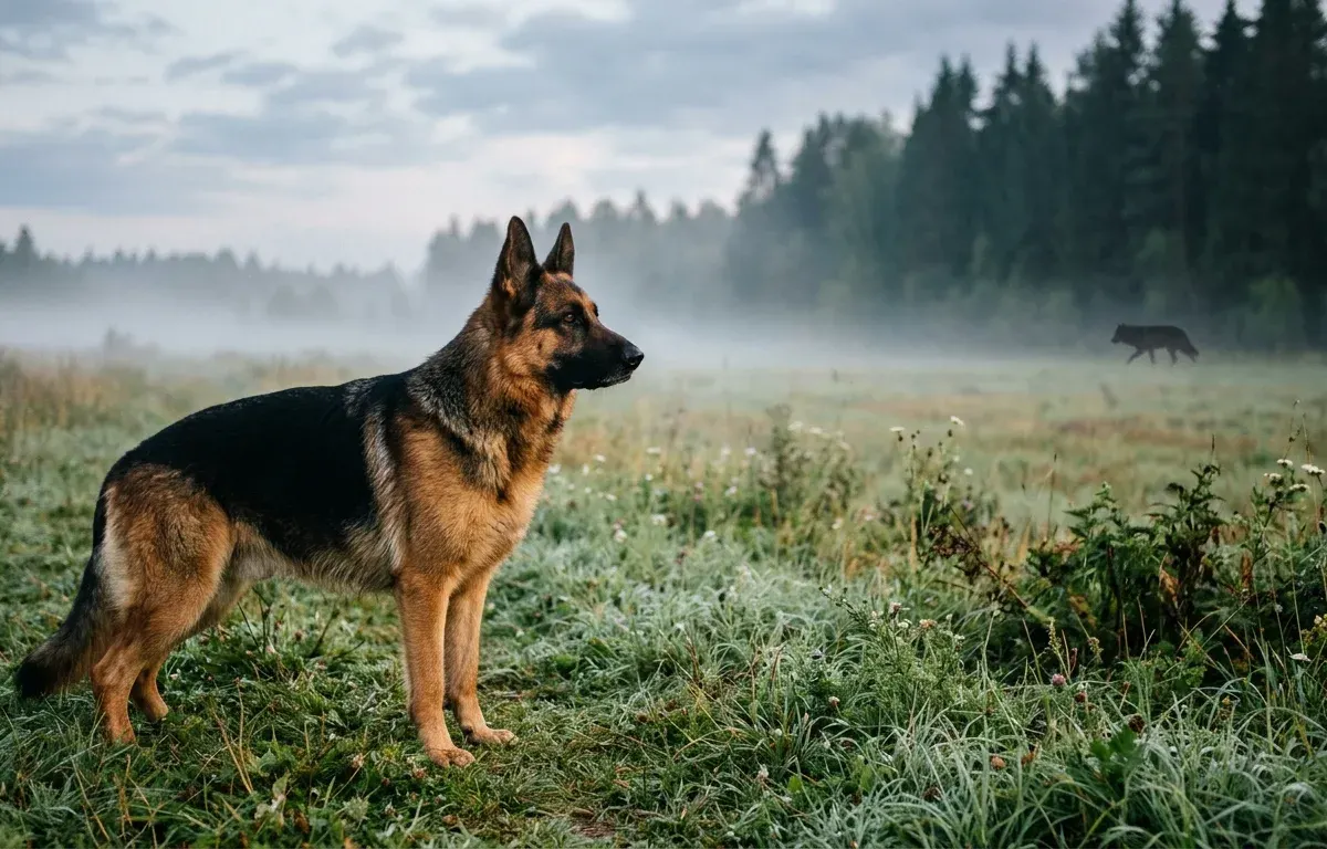 Purebred German Shepherd standing alert in a meadow comparing its appearance and genetics to a distant wolf.