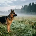 Purebred German Shepherd standing alert in a meadow comparing its appearance and genetics to a distant wolf.