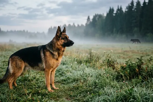 Purebred German Shepherd standing alert in a meadow comparing its appearance and genetics to a distant wolf.
