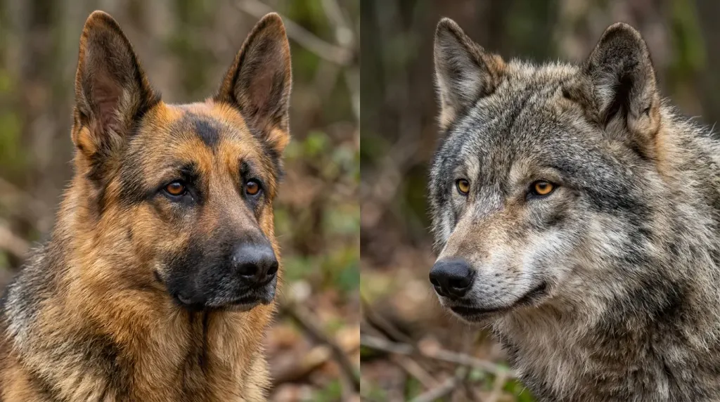 Side-by-side comparison of a German Shepherd and a wild wolf showing distinct facial and cranial features.