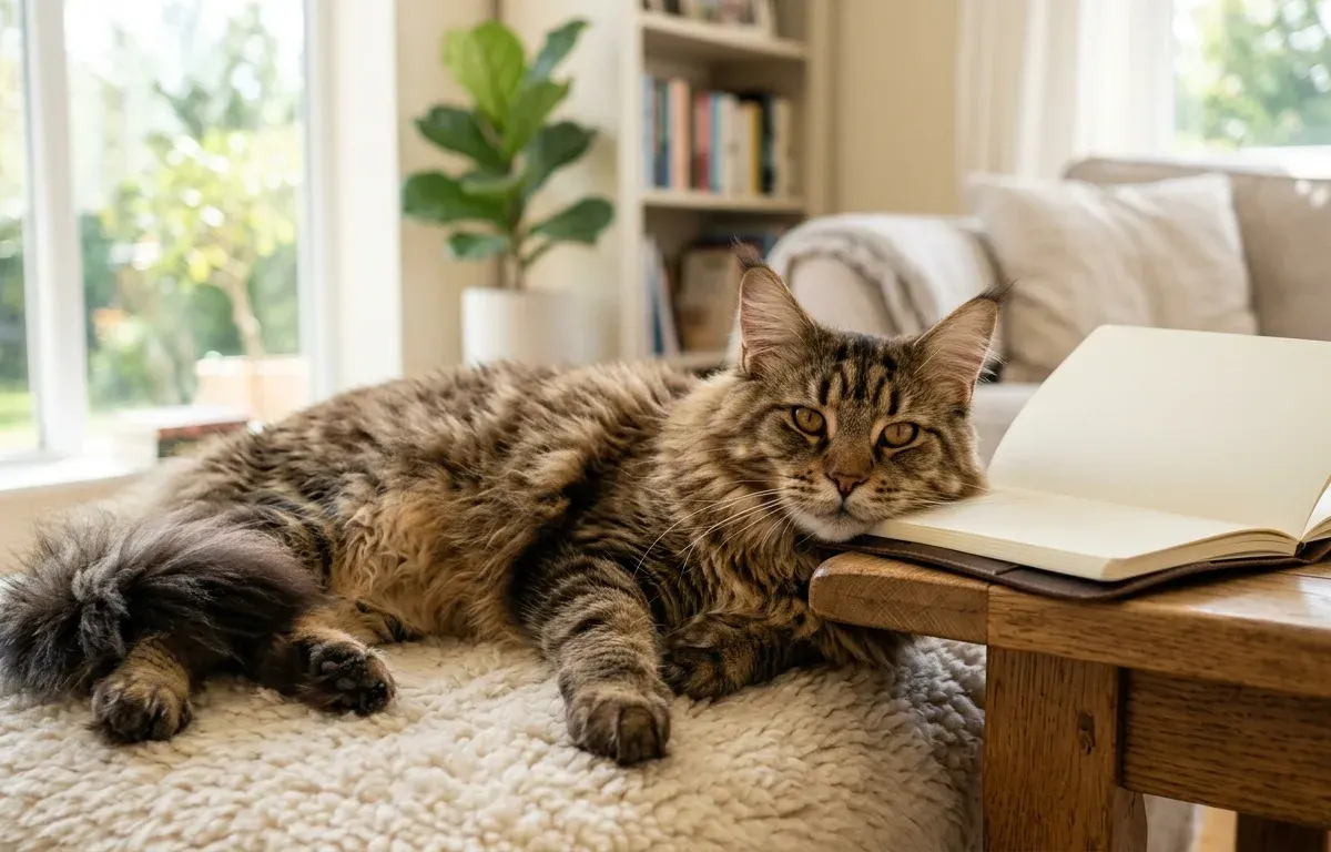 Calm and friendly Maine Coon cat resting peacefully indoors, illustrating non-aggressive temperament