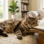 Calm and friendly Maine Coon cat resting peacefully indoors, illustrating non-aggressive temperament
