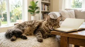 Calm and friendly Maine Coon cat resting peacefully indoors, illustrating non-aggressive temperament