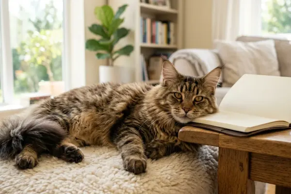Calm and friendly Maine Coon cat resting peacefully indoors, illustrating non-aggressive temperament