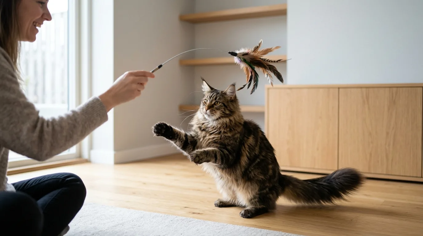 Maine Coon cat engaging in gentle interactive play with a feather wand toy without aggression