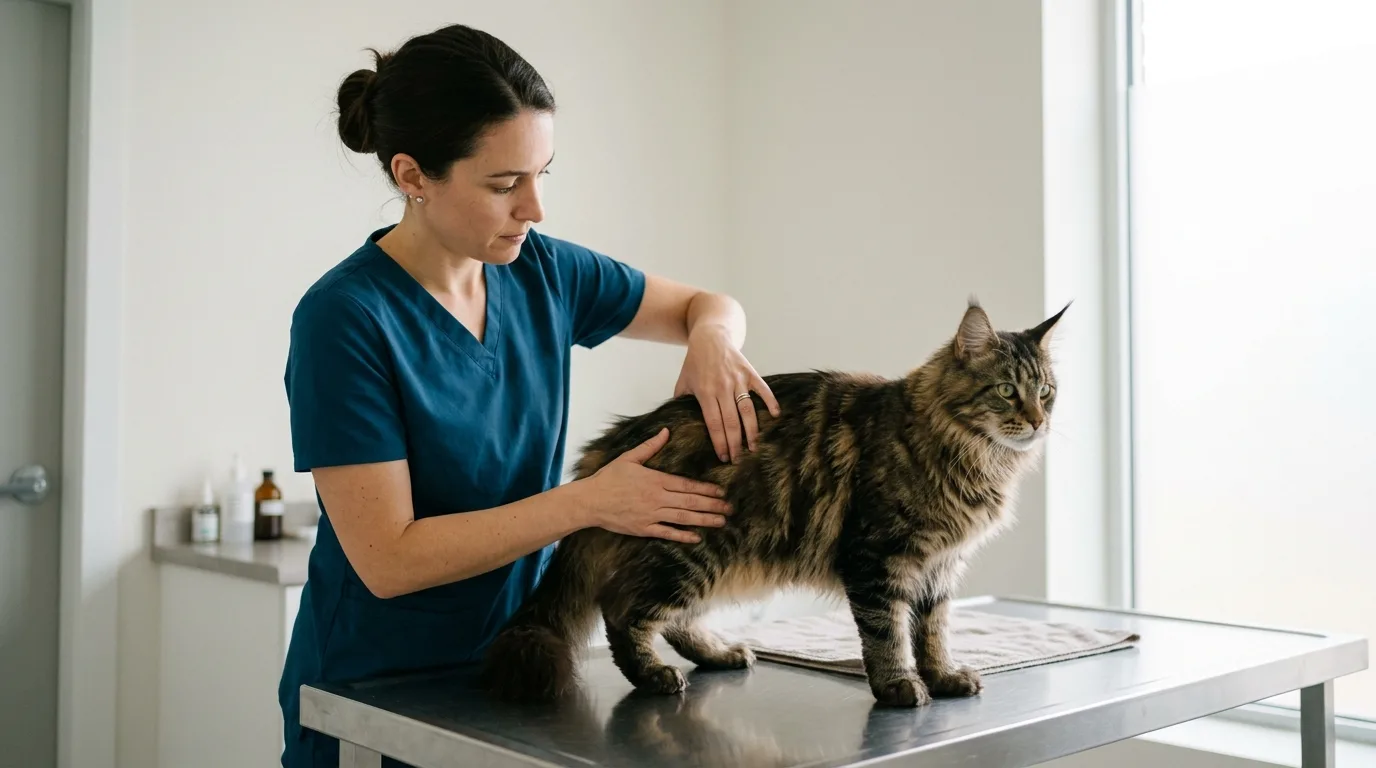 Veterinarian examining a Maine Coon cat to identify potential medical causes of sudden feline irritability