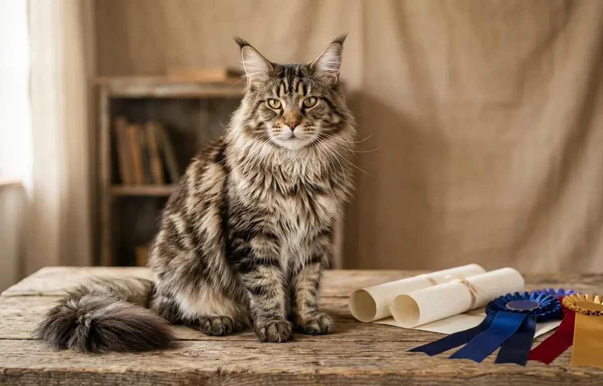 A magnificent pedigreed Maine Coon cat resting beside official breed registration papers and show award ribbons.