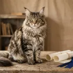 A magnificent pedigreed Maine Coon cat resting beside official breed registration papers and show award ribbons.