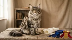 A magnificent pedigreed Maine Coon cat resting beside official breed registration papers and show award ribbons.