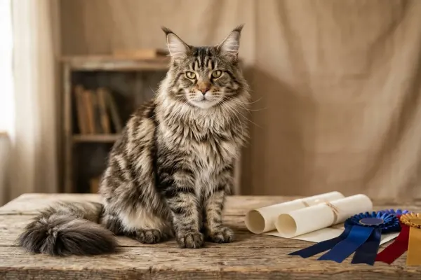 A magnificent pedigreed Maine Coon cat resting beside official breed registration papers and show award ribbons.