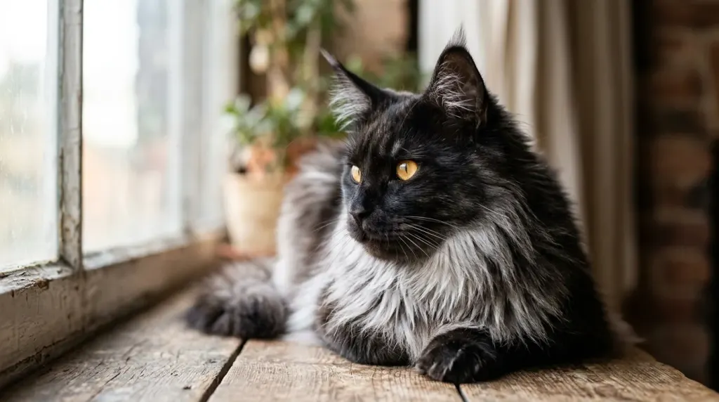 Detailed portrait of a rare black smoke Maine Coon cat highlighting the contrast between its dark coat and silver undercoat.