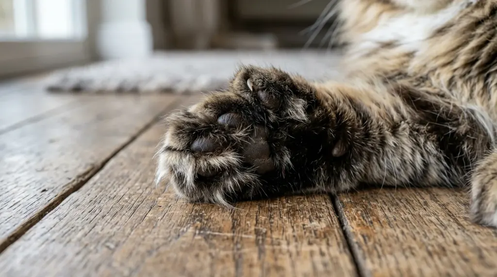 Close-up view of a polydactyl Maine Coon paw illustrating the extra toes and dense fur tufts.