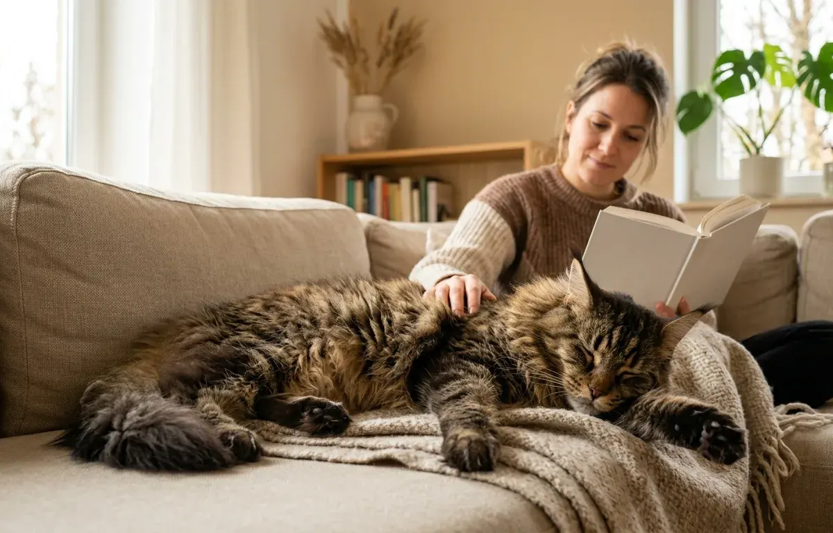 Large fluffy Maine Coon cat relaxing next to owner on sofa showing gentle cuddling temperament