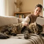 Large fluffy Maine Coon cat relaxing next to owner on sofa showing gentle cuddling temperament