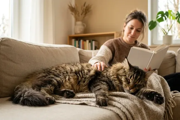 Large fluffy Maine Coon cat relaxing next to owner on sofa showing gentle cuddling temperament