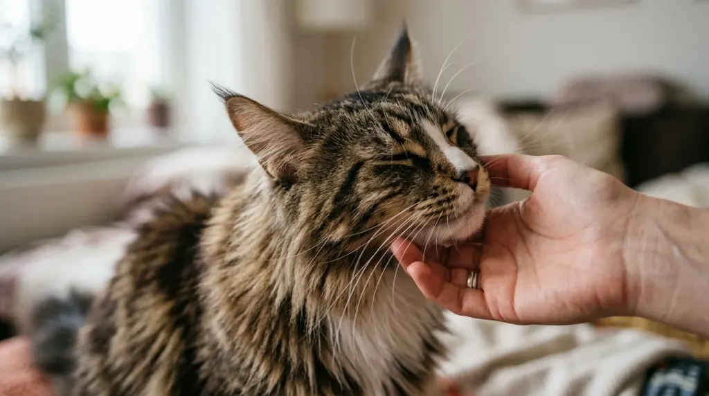 Maine Coon cat expressing affection through cheek rubbing and facial scent marking