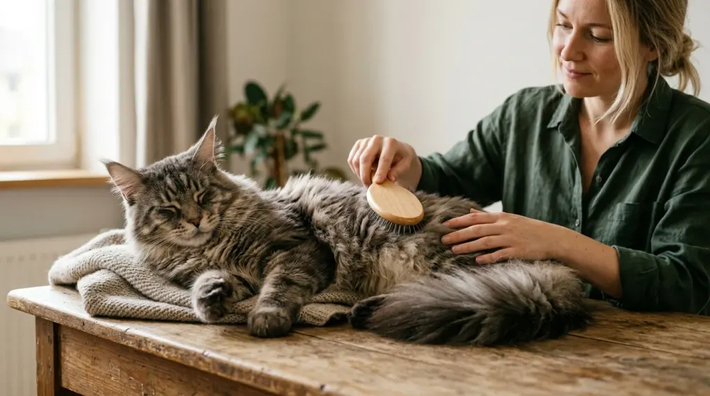 Owner gently grooming a calm adult Maine Coon cat to foster close companion bonding