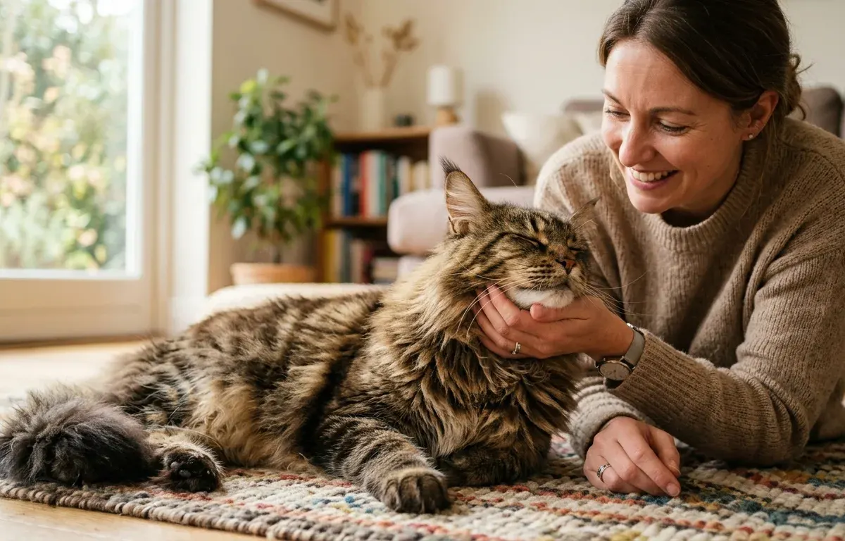 A friendly brown tabby Maine Coon cat gently interacting with its owner in a bright living room.