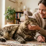 A friendly brown tabby Maine Coon cat gently interacting with its owner in a bright living room.